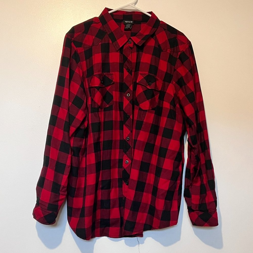 Red plaid twill button front shirt